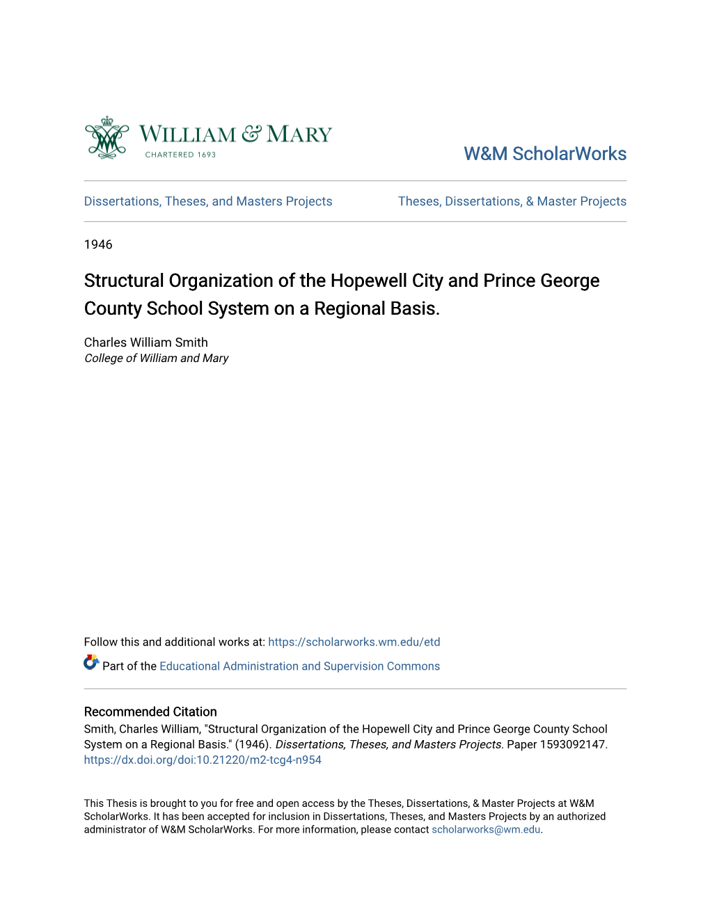 Structural Organization of the Hopewell City and Prince George County School System on a Regional Basis