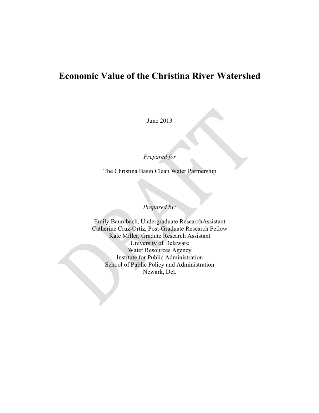 Economic Value of the Christina River Watershed