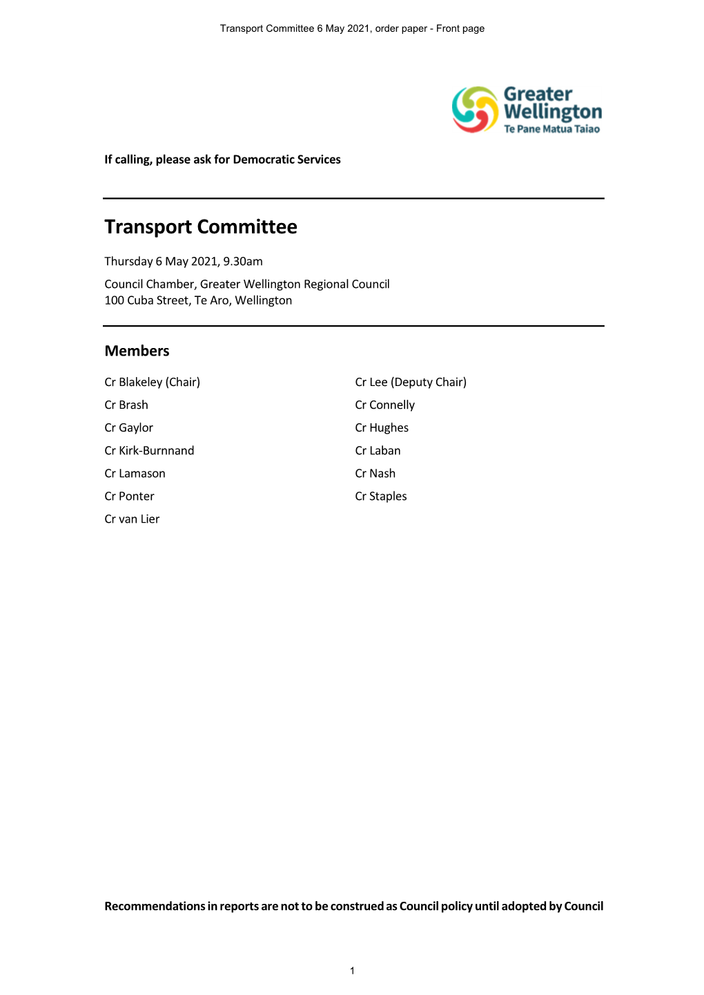 Transport Committee 6 May 2021, Order Paper - Front Page