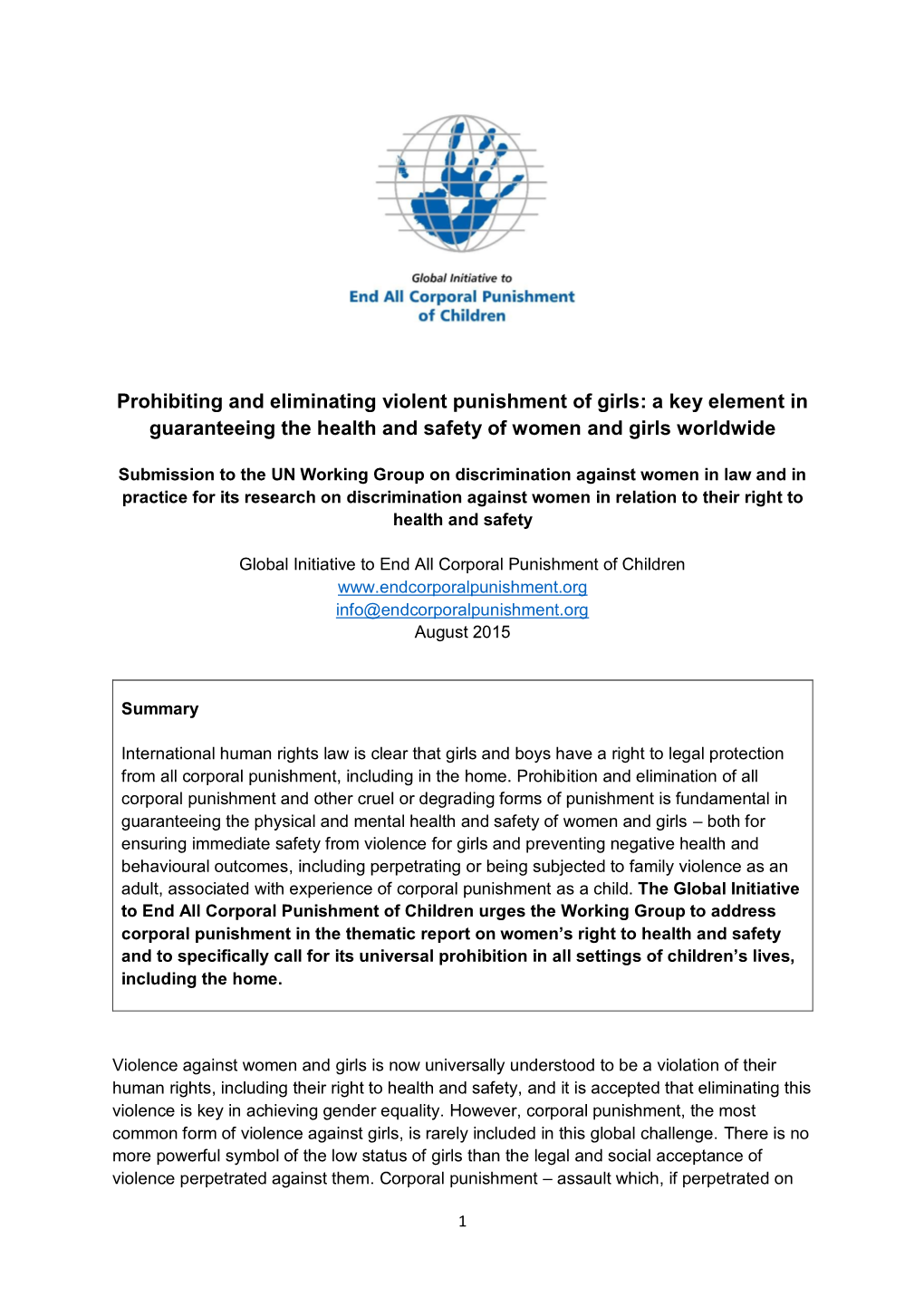 Prohibiting and Eliminating Violent Punishment of Girls: a Key Element in Guaranteeing the Health and Safety of Women and Girls Worldwide