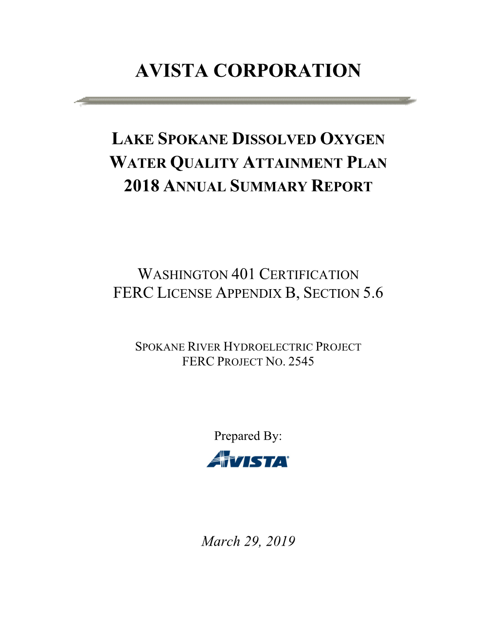 Lake Spokane Dissolved Oxygen Water Quality Attainment Plan 2018 Annual Summary Report