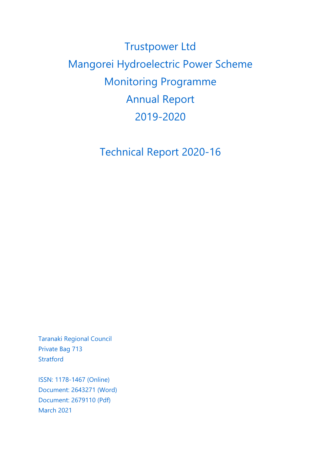 Trustpower Mangorei Hydro Scheme Consent Monitoring Report