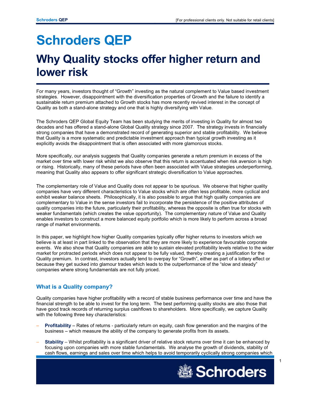 Schroders QEP Why Quality Stocks Offer Higher Return and Lower Risk