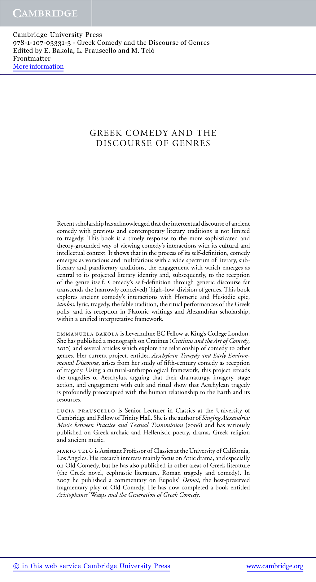 Greek Comedy and the Discourse of Genres Edited by E