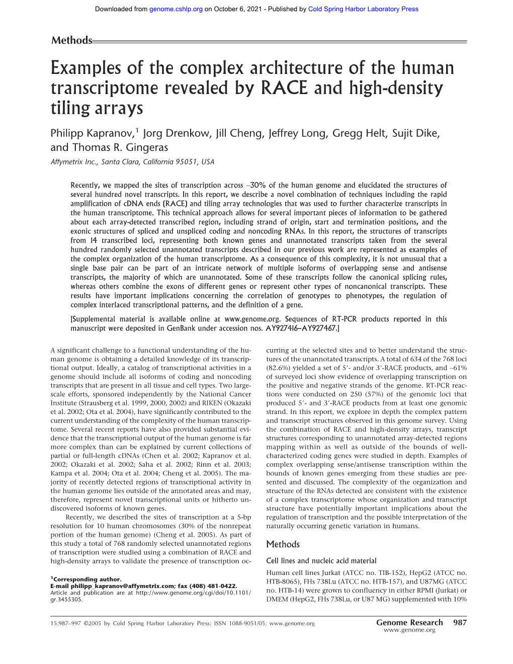 Examples of the Complex Architecture of the Human Transcriptome Revealed by RACE and High-Density Tiling Arrays