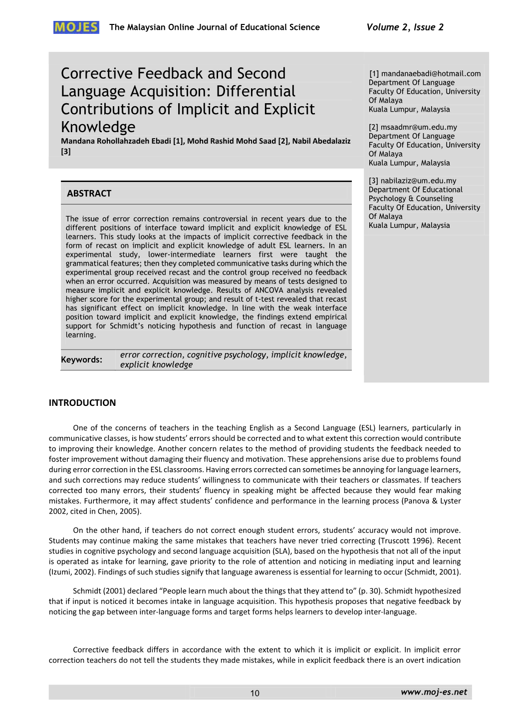 Corrective Feedback and Second Language Acquisition: Differential Contributions of Implicit and Explicit Knowledge