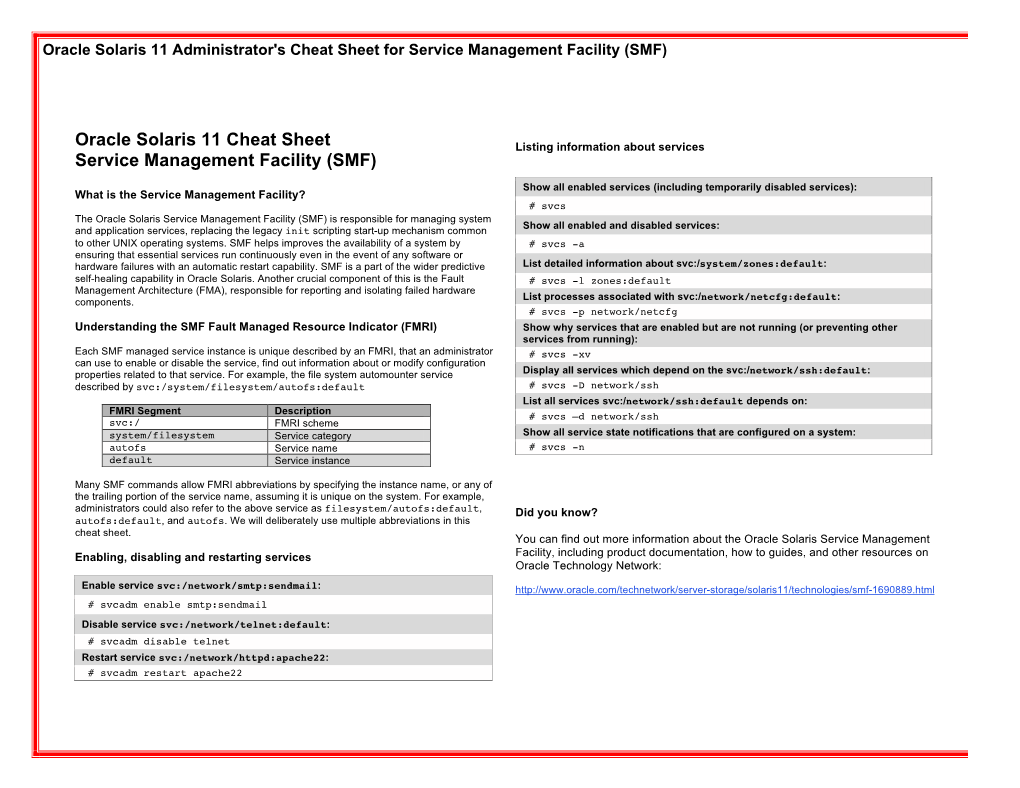 Oracle Solaris 11 Administrator's Cheat Sheet for Service Management Facility (SMF)