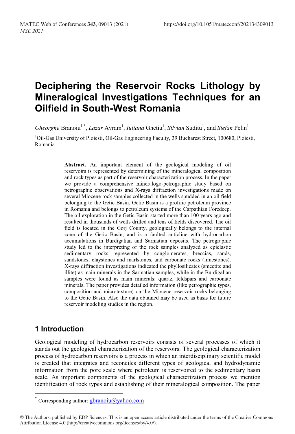 Deciphering the Reservoir Rocks Lithology by Mineralogical Investigations Techniques for an Oilfield in South-West Romania