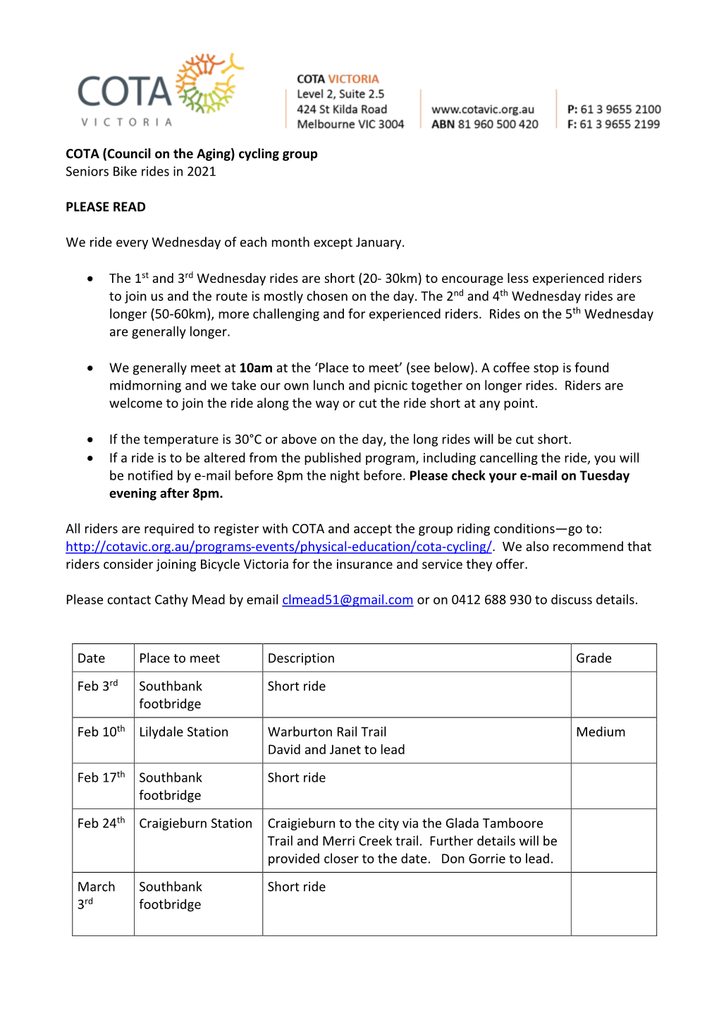 COTA (Council on the Aging) Cycling Group Seniors Bike Rides in 2021