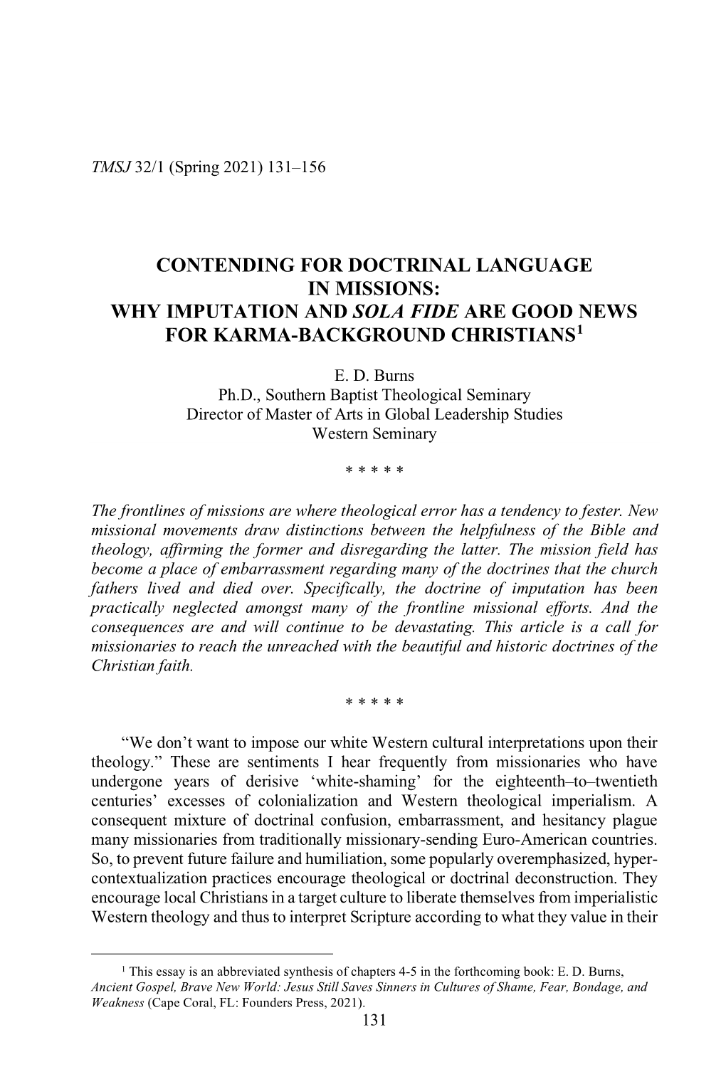 Contending for Doctrinal Language in Missions: Why Imputation and Sola Fide Are Good News for Karma-Background Christians1