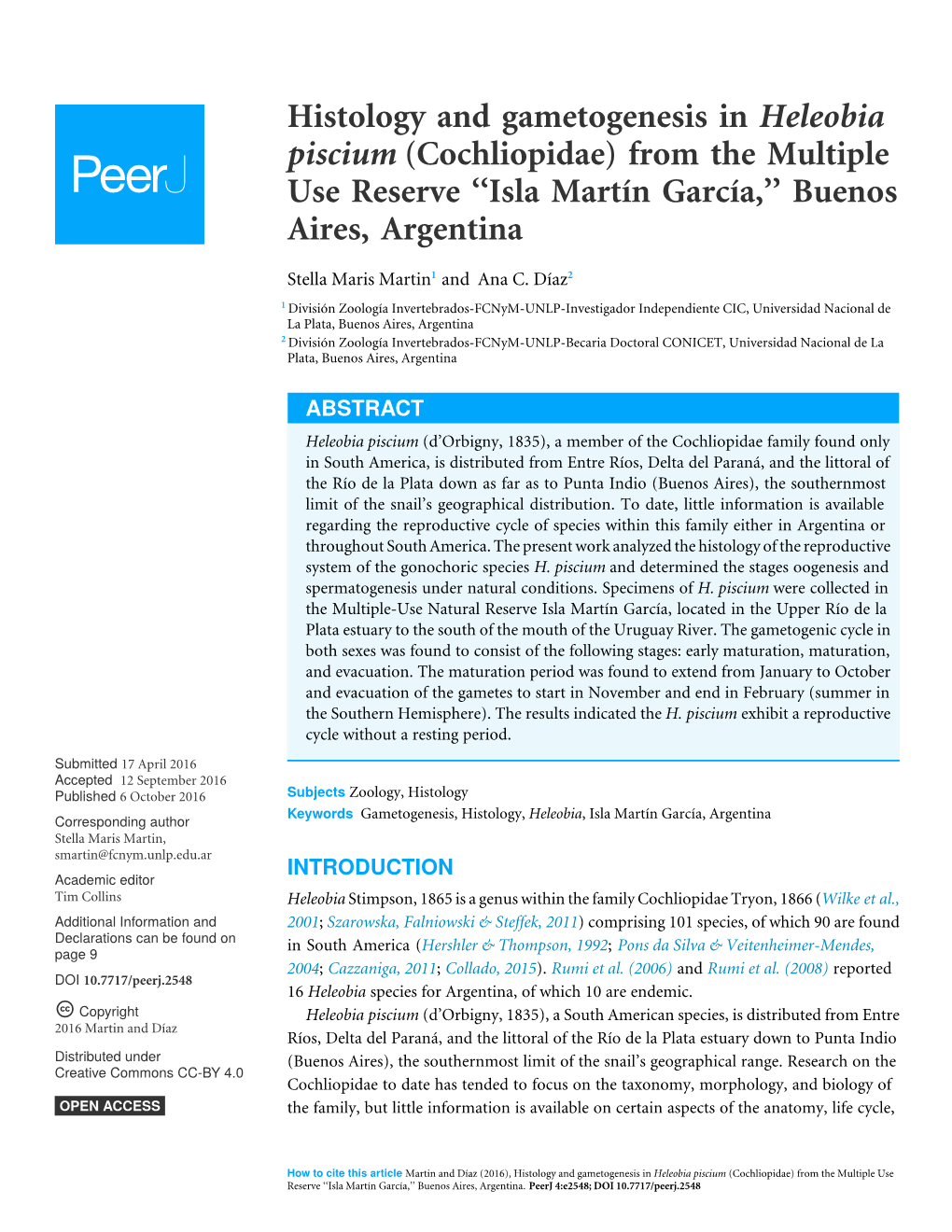 Histology and Gametogenesis in Heleobia Piscium (Cochliopidae) from the Multiple Use Reserve ‘‘Isla Martín García,’’ Buenos Aires, Argentina