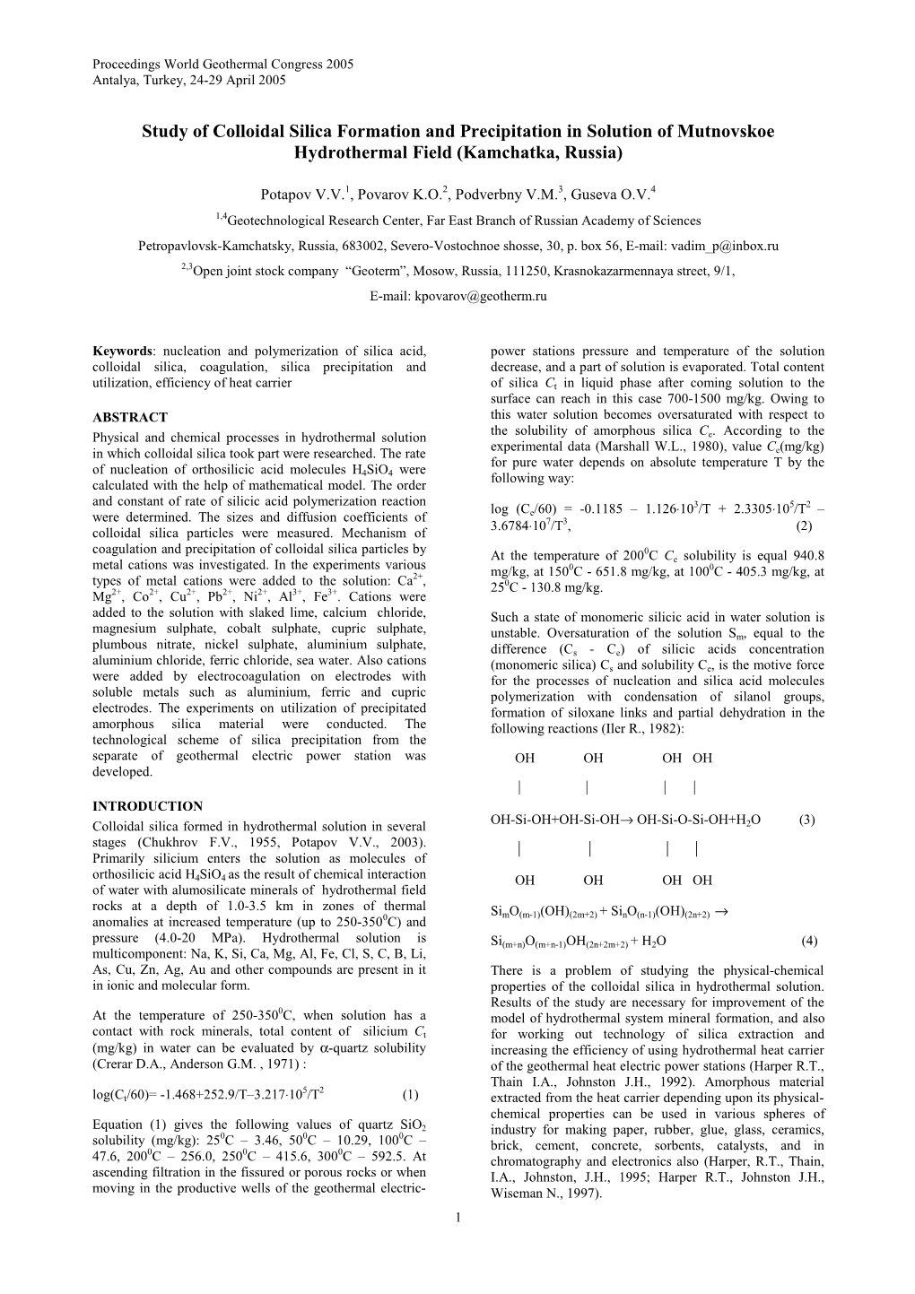 Study of Colloidal Silica Formation and Precipitation in Solution of Mutnovskoe Hydrothermal Field (Kamchatka, Russia)