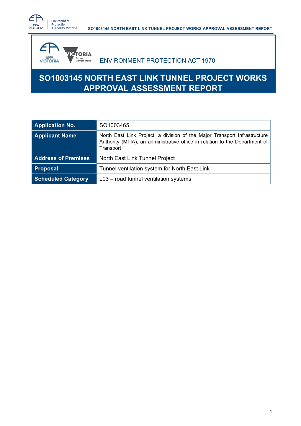 So1003145 North East Link Tunnel Project Works Approval Assessment Report