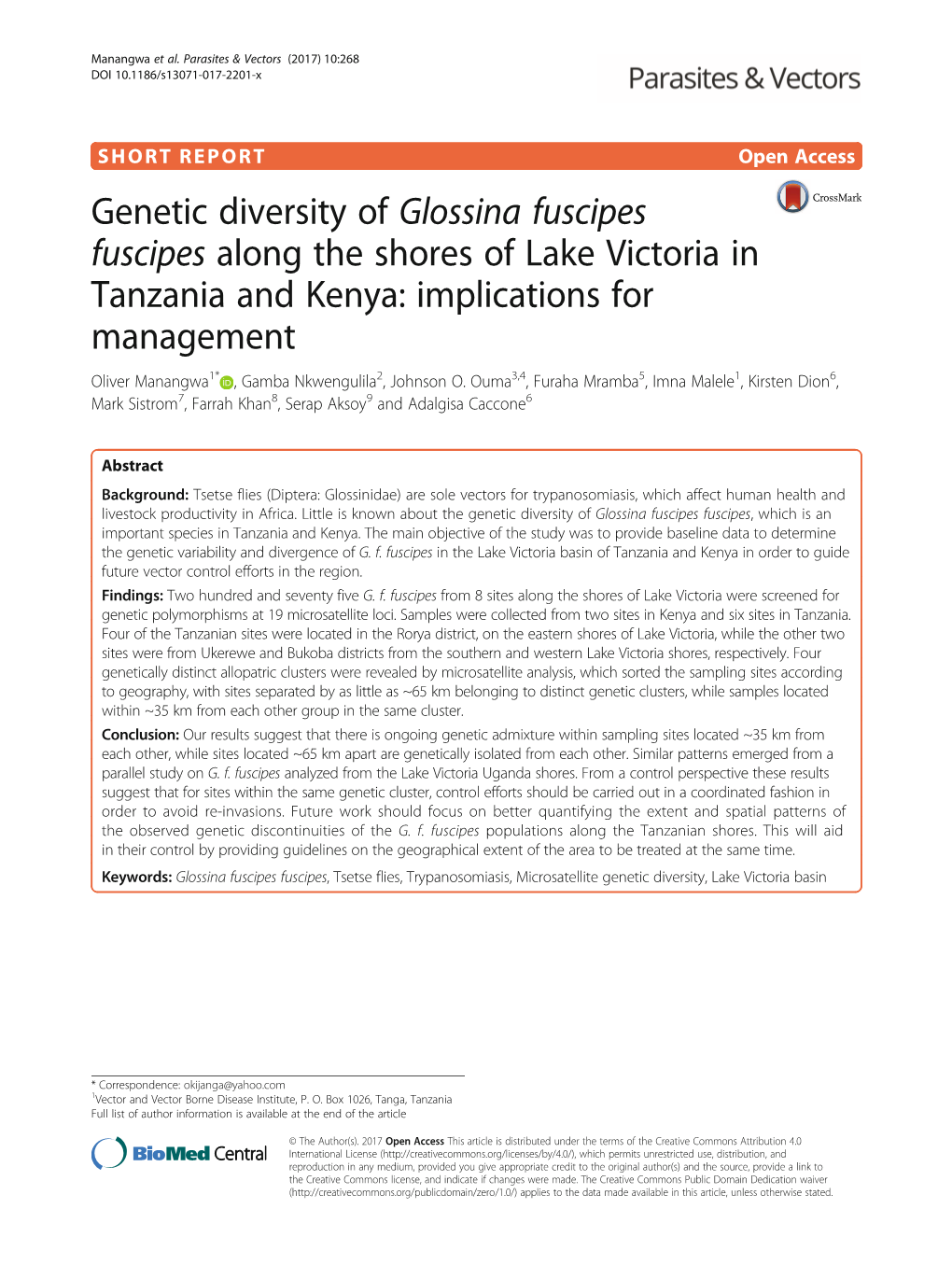 Genetic Diversity of Glossina Fuscipes Fuscipes Along