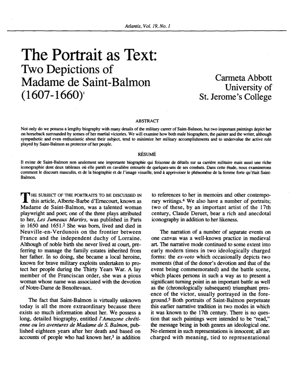 The Portrait As Text: Two Depictions of Carmeta Abbott Madame De Saint-Balmon University of (1607-1660)' St