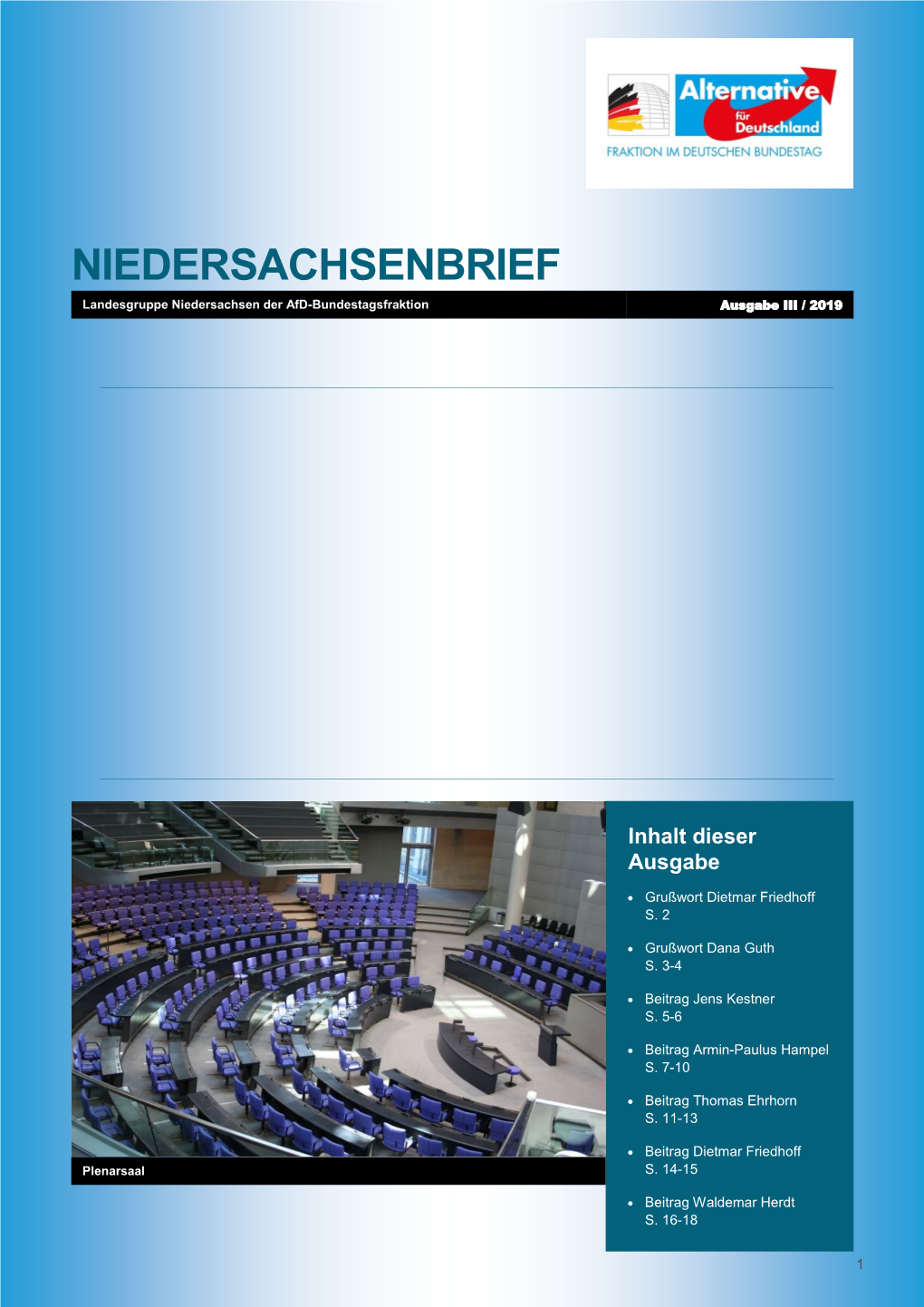 NIEDERSACHSENBRIEF Landesgruppe Niedersachsen Der Afd-Bundestagsfraktion Ausgabe III / 2019