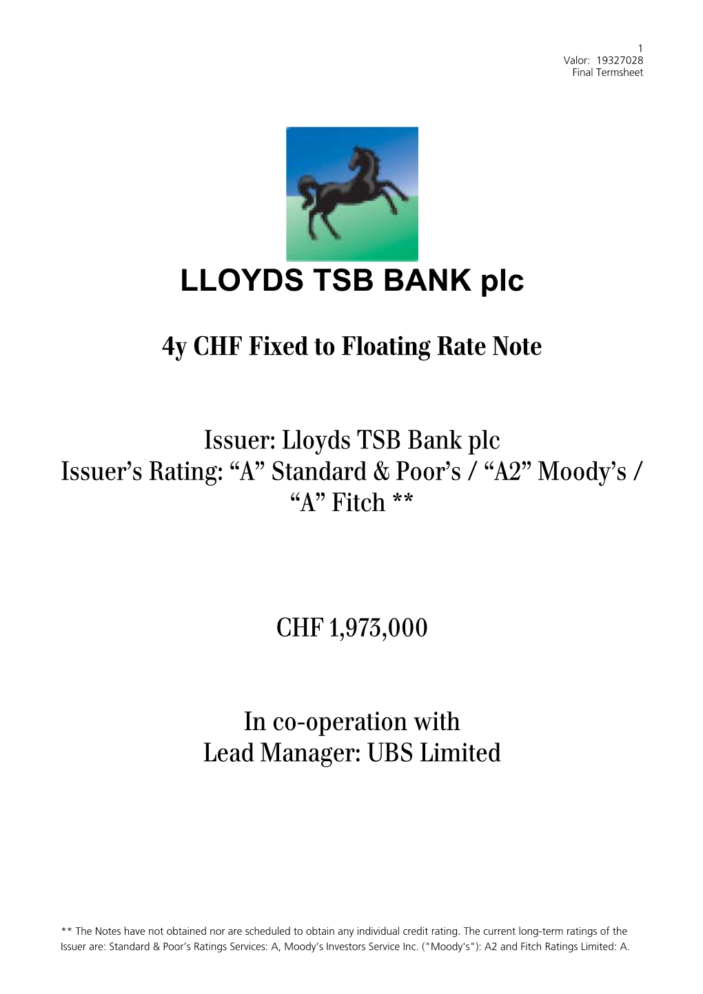 LLOYDS TSB BANK Plc  4Y CHF Fixed to Floating Rate Note