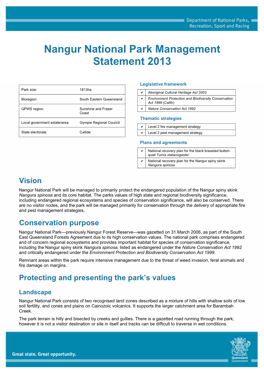 Nangur National Park Management Statement 2013