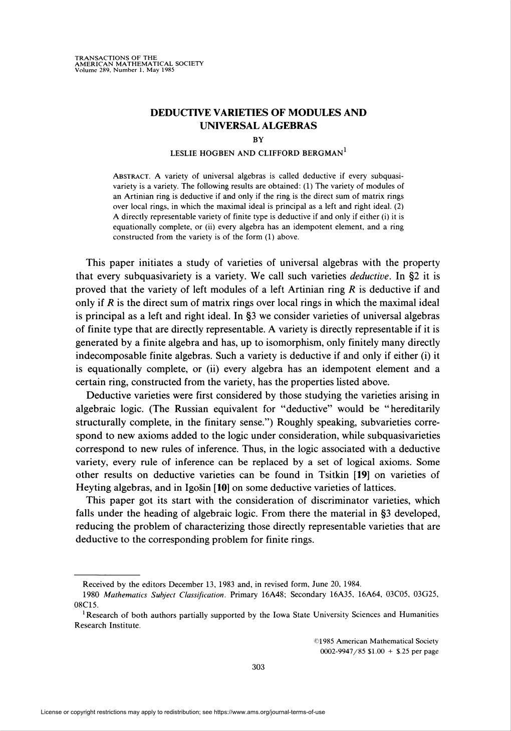 Deductive Varieties of Modules and Universal Algebras by Leslie Hogben and Clifford Bergman1