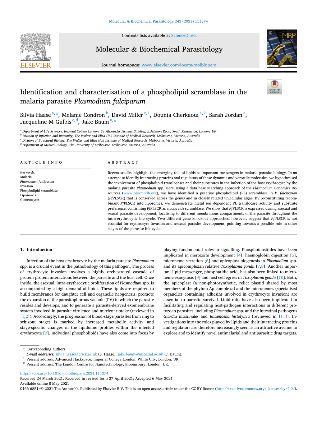 Identification and Characterisation of a Phospholipid Scramblase in the Malaria Parasite Plasmodium Falciparum