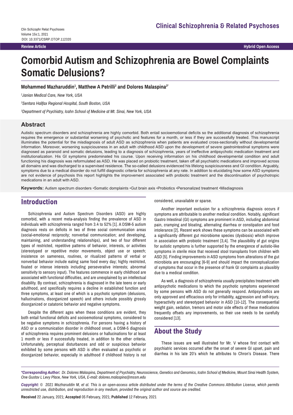 Comorbid Autism and Schizophrenia Are Bowel Complaints Somatic Delusions?