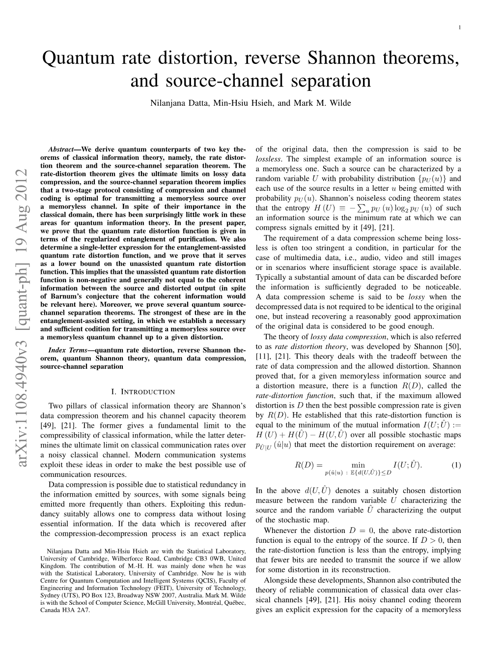 Quantum Rate Distortion, Reverse Shannon Theorems, and Source-Channel Separation Nilanjana Datta, Min-Hsiu Hsieh, and Mark M