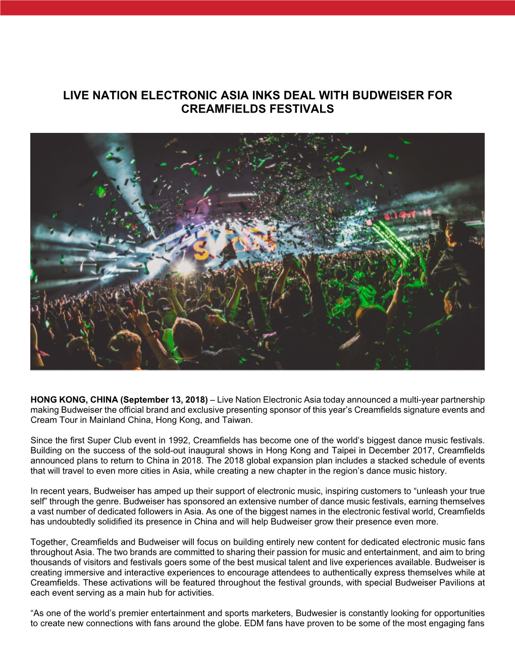 Live Nation Electronic Asia Inks Deal with Budweiser for Creamfields Festivals