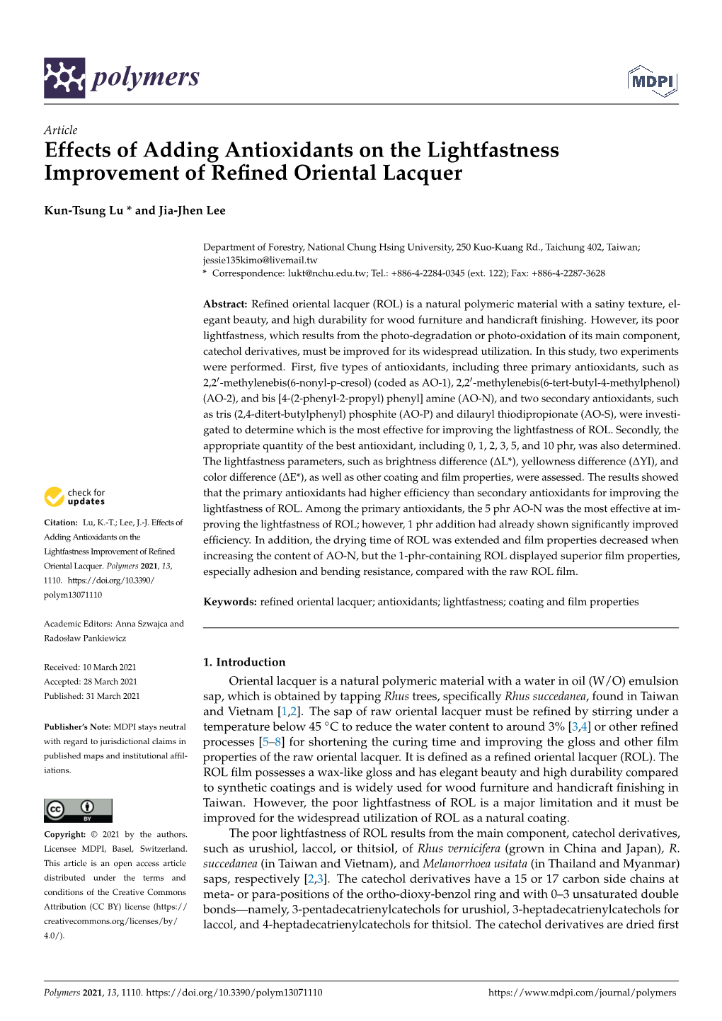 Effects of Adding Antioxidants on the Lightfastness Improvement of Refined Oriental Lacquer