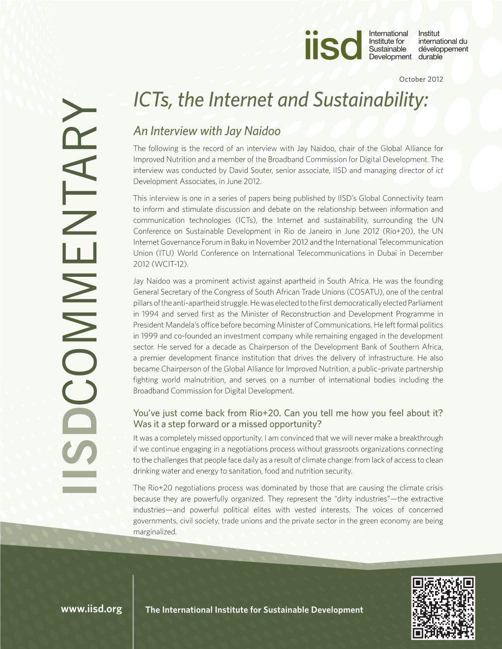 ICTS, the Internet and Sustainability: an Interview with Jay Naidoo