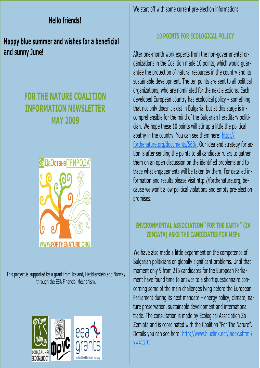 For the Nature Coalition Information Newsletter