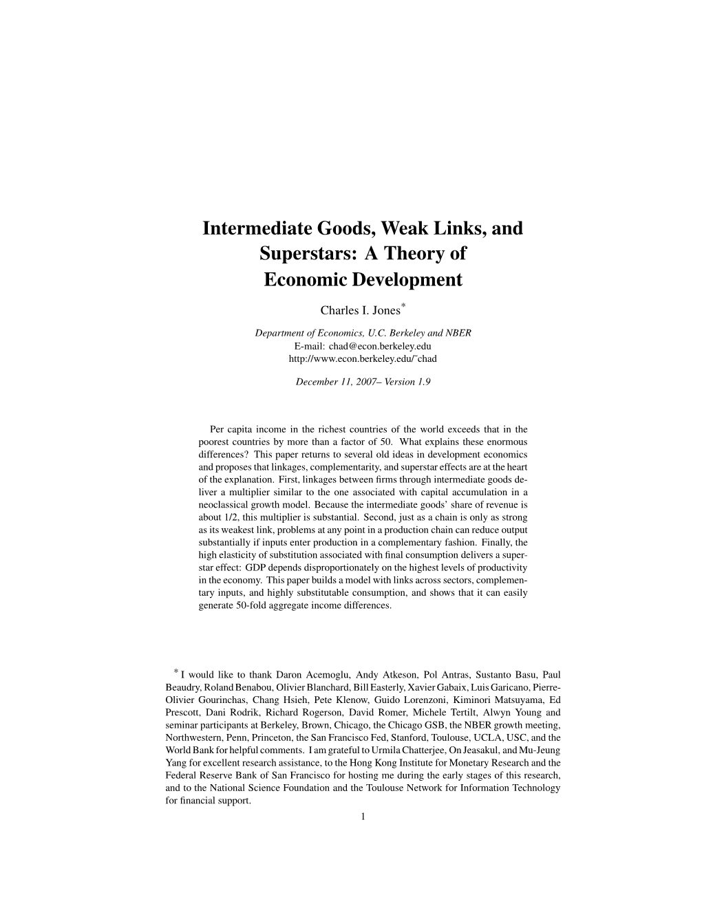Intermediate Goods, Weak Links, and Superstars: a Theory of Economic Development
