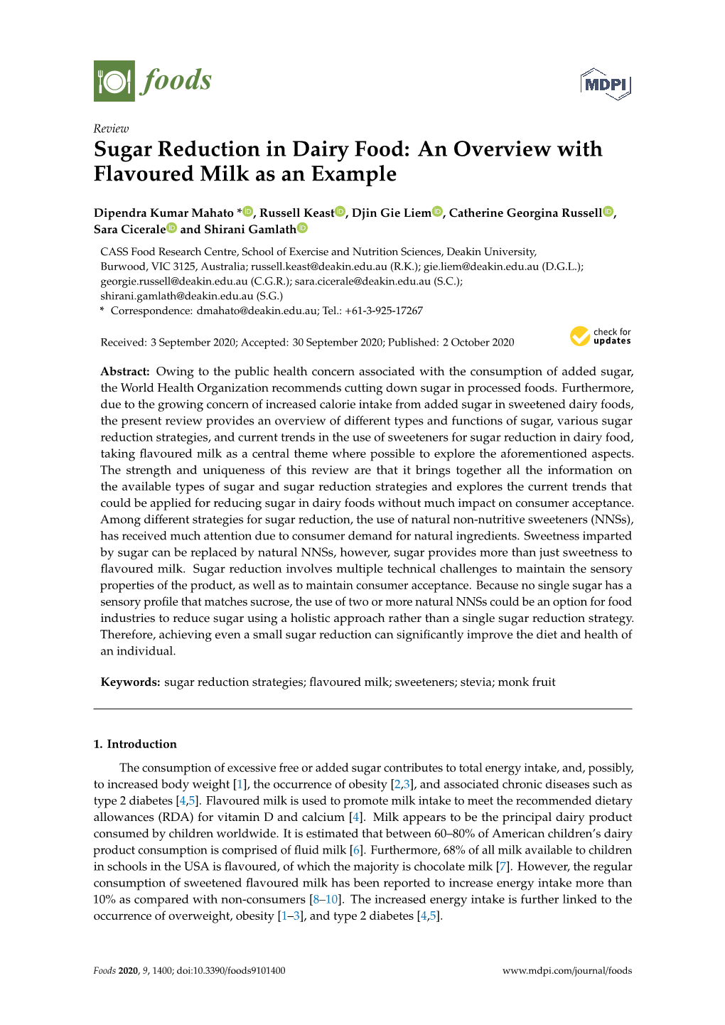 Sugar Reduction in Dairy Food: an Overview with Flavoured Milk As an Example