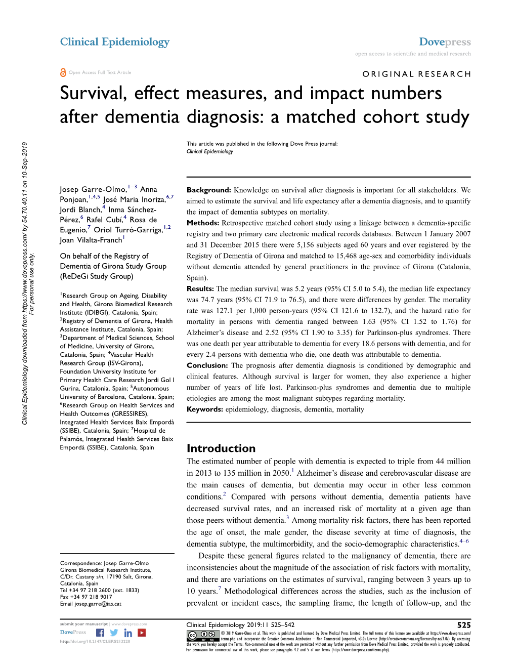 Survival, Effect Measures, and Impact Numbers After Dementia Diagnosis: a Matched Cohort Study