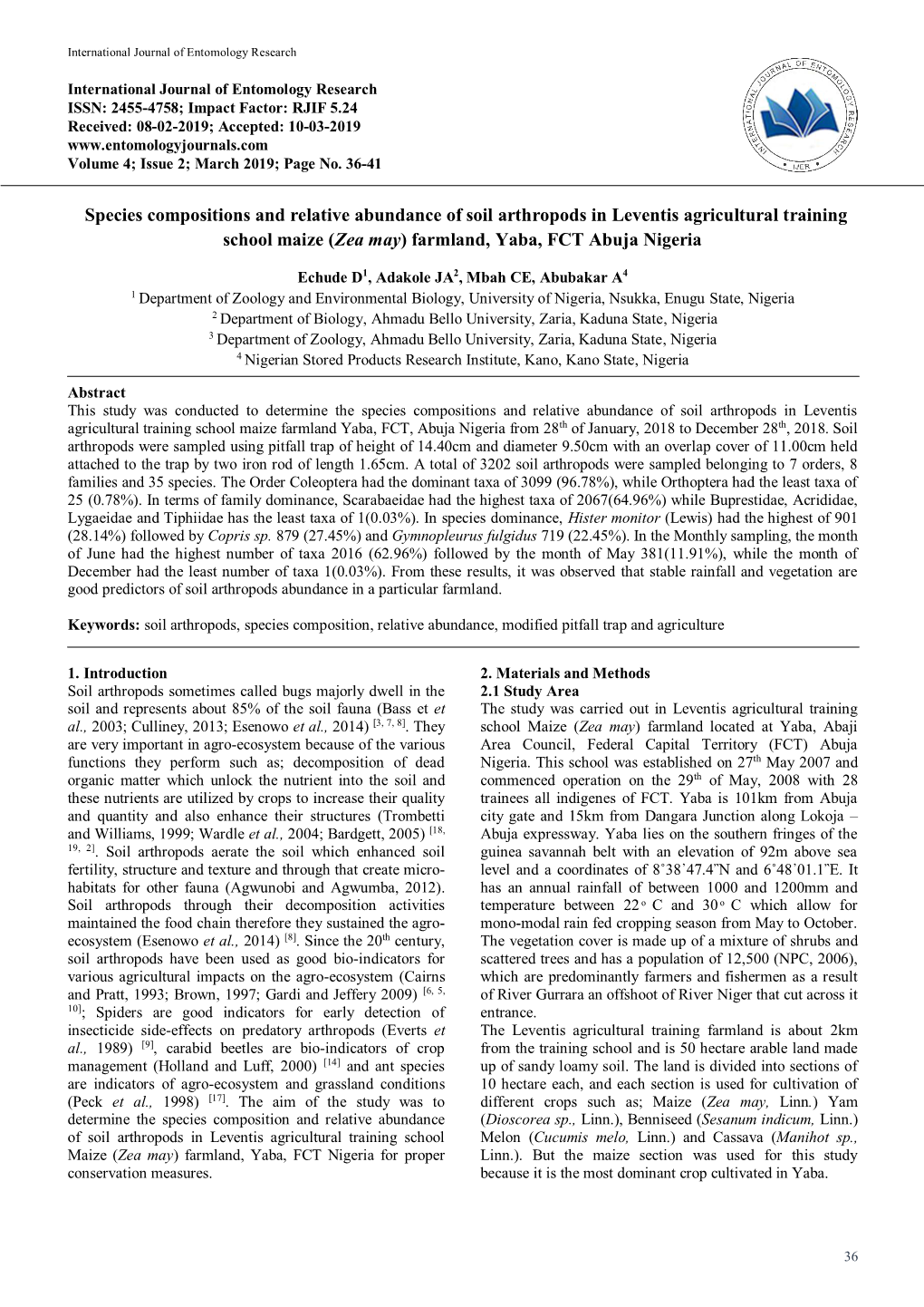 Species Compositions and Relative Abundance of Soil Arthropods in Leventis Agricultural Training School Maize (Zea May) Farmland, Yaba, FCT Abuja Nigeria