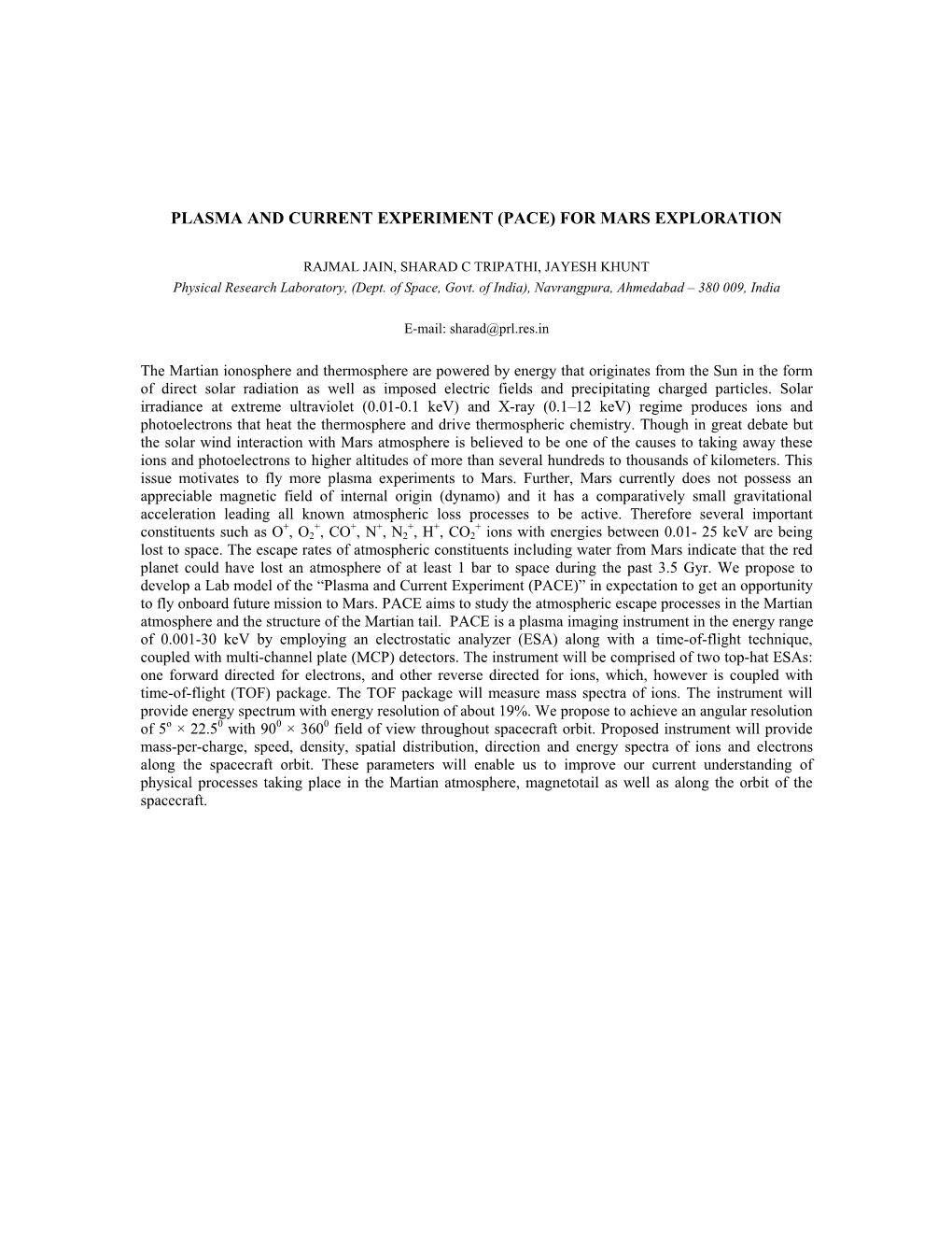 Plasma and Current Experiment (Pace) for Mars Exploration