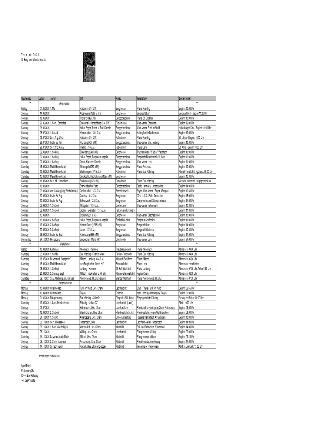 T E R M I N E 2 0 2 0 Für Berg- Und Wanderfreunde Wochentag Datum
