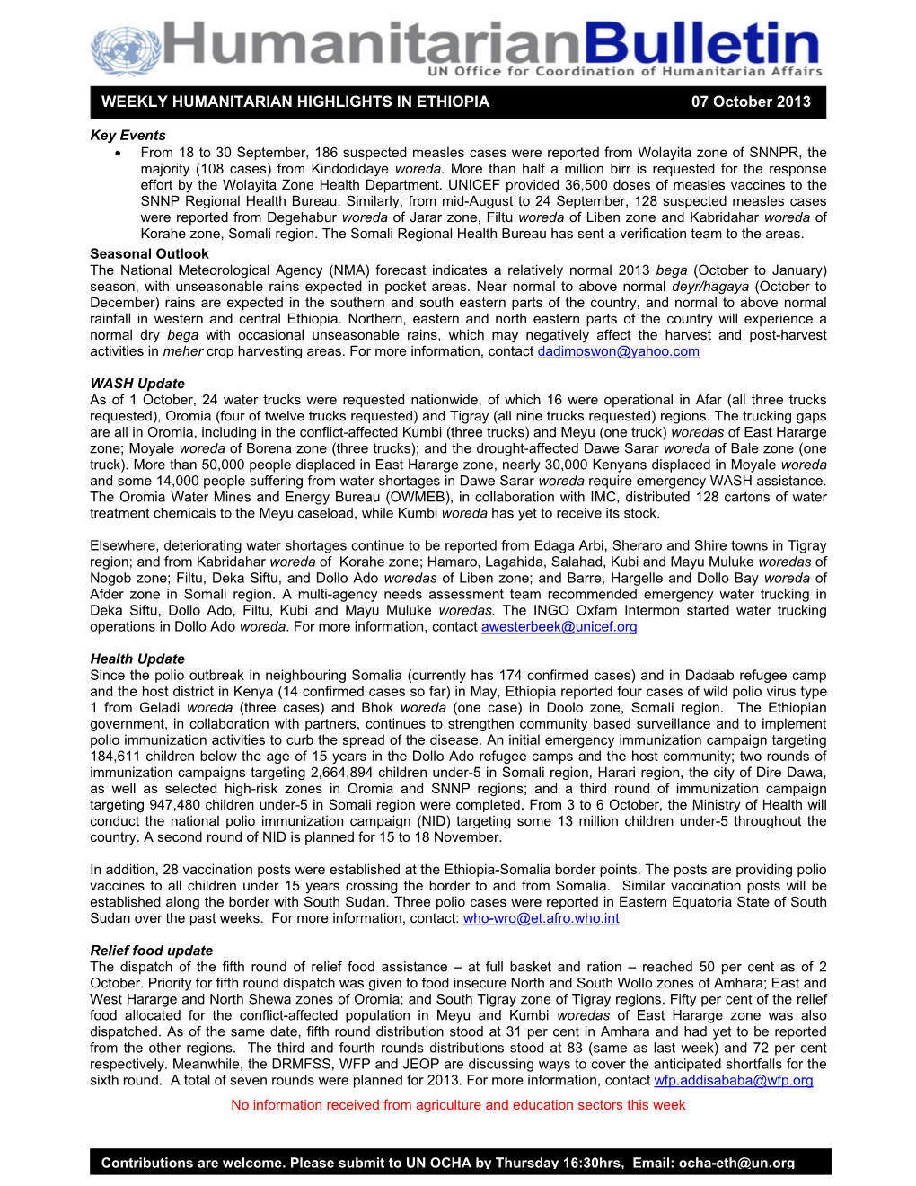 WEEKLY HUMANITARIAN HIGHLIGHTS in ETHIOPIA 07 October 2013