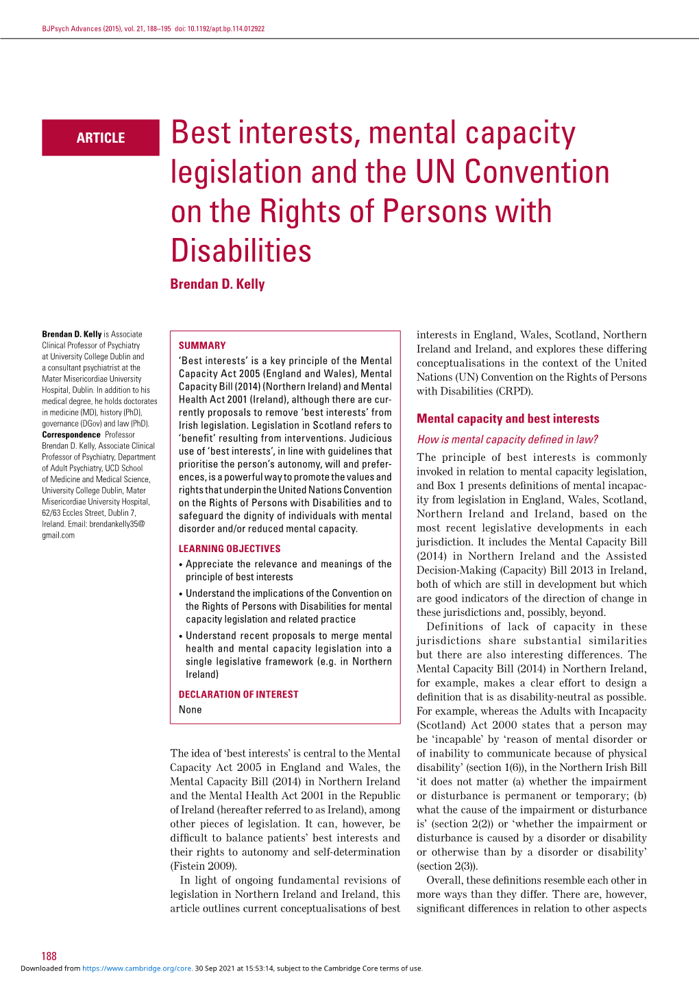 Best Interests, Mental Capacity Legislation and the UN Convention on the Rights of Persons with Disabilities Brendan D