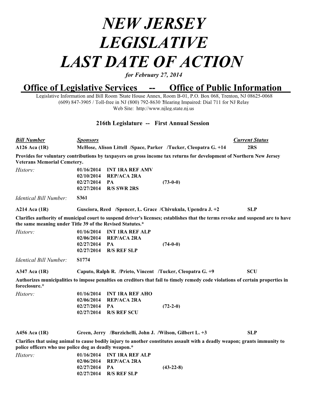 New Jersey Legislative Last Date of Action