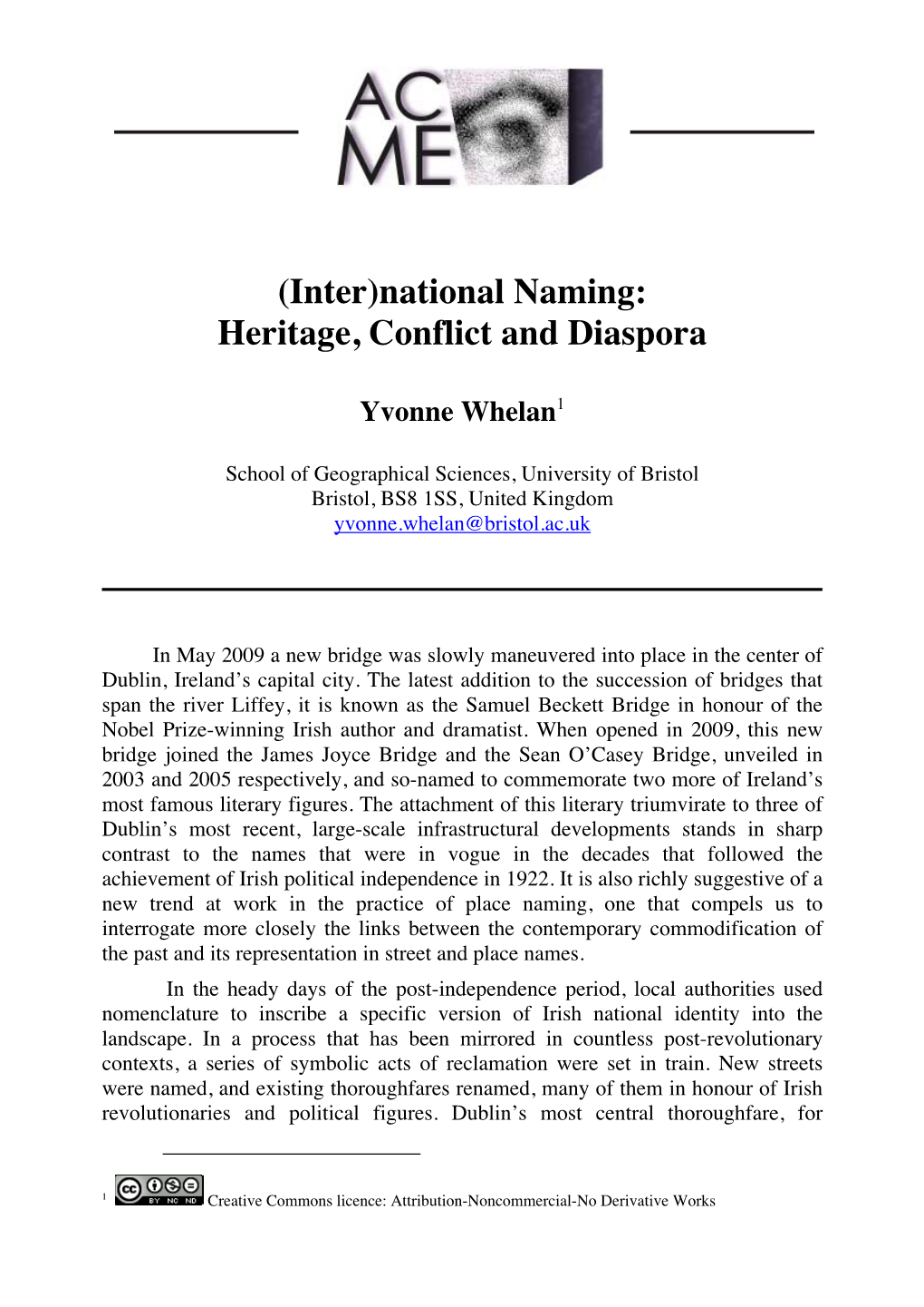 (Inter)National Naming: Heritage, Conflict and Diaspora