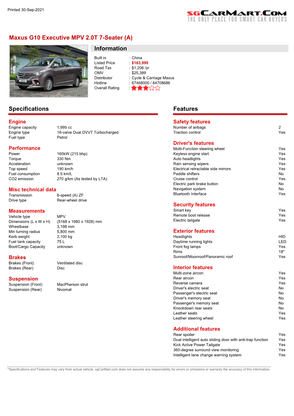 Maxus G10 Executive MPV 2.0T 7-Seater (A) Information