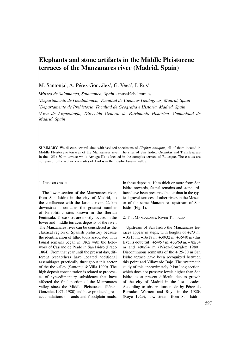 Elephants and Stone Artifacts in the Middle Pleistocene Terraces of the Manzanares River (Madrid, Spain)