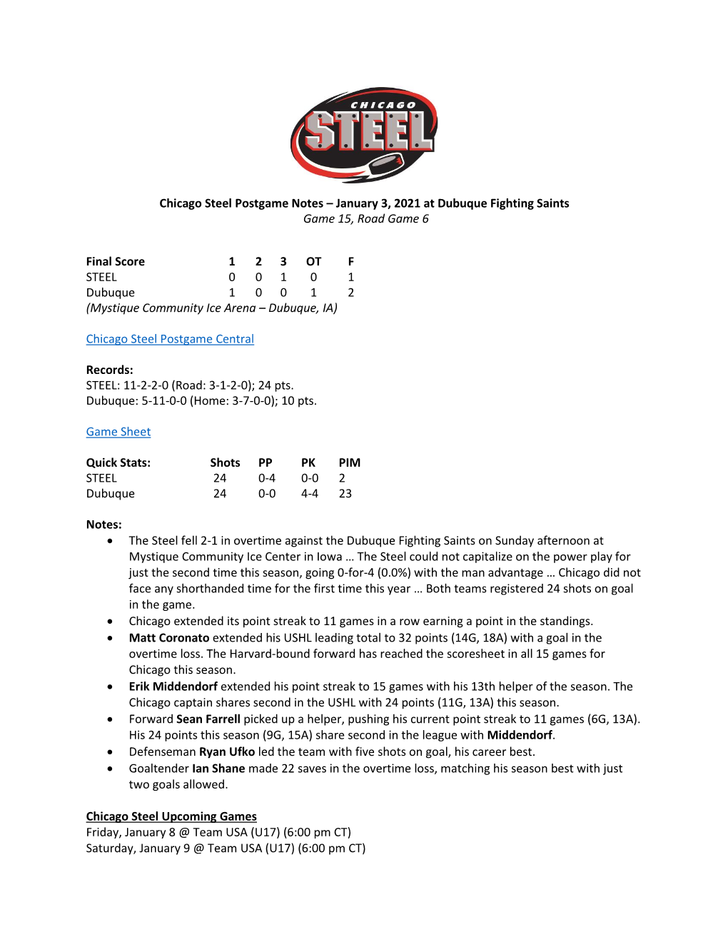 Chicago Steel Postgame Notes – January 3, 2021 at Dubuque Fighting Saints Game 15, Road Game 6