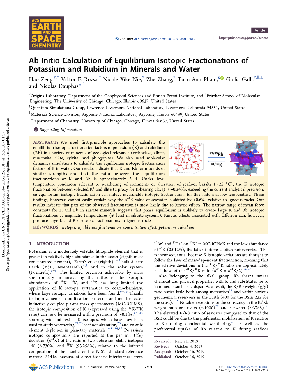 Ab Initio Calculation of Equilibrium Isotopic Fractionations of Potassium and Rubidium in Minerals and Water † ‡ ‡ † † § ‡ ∥ ⊥ Hao Zeng, , Viktor F