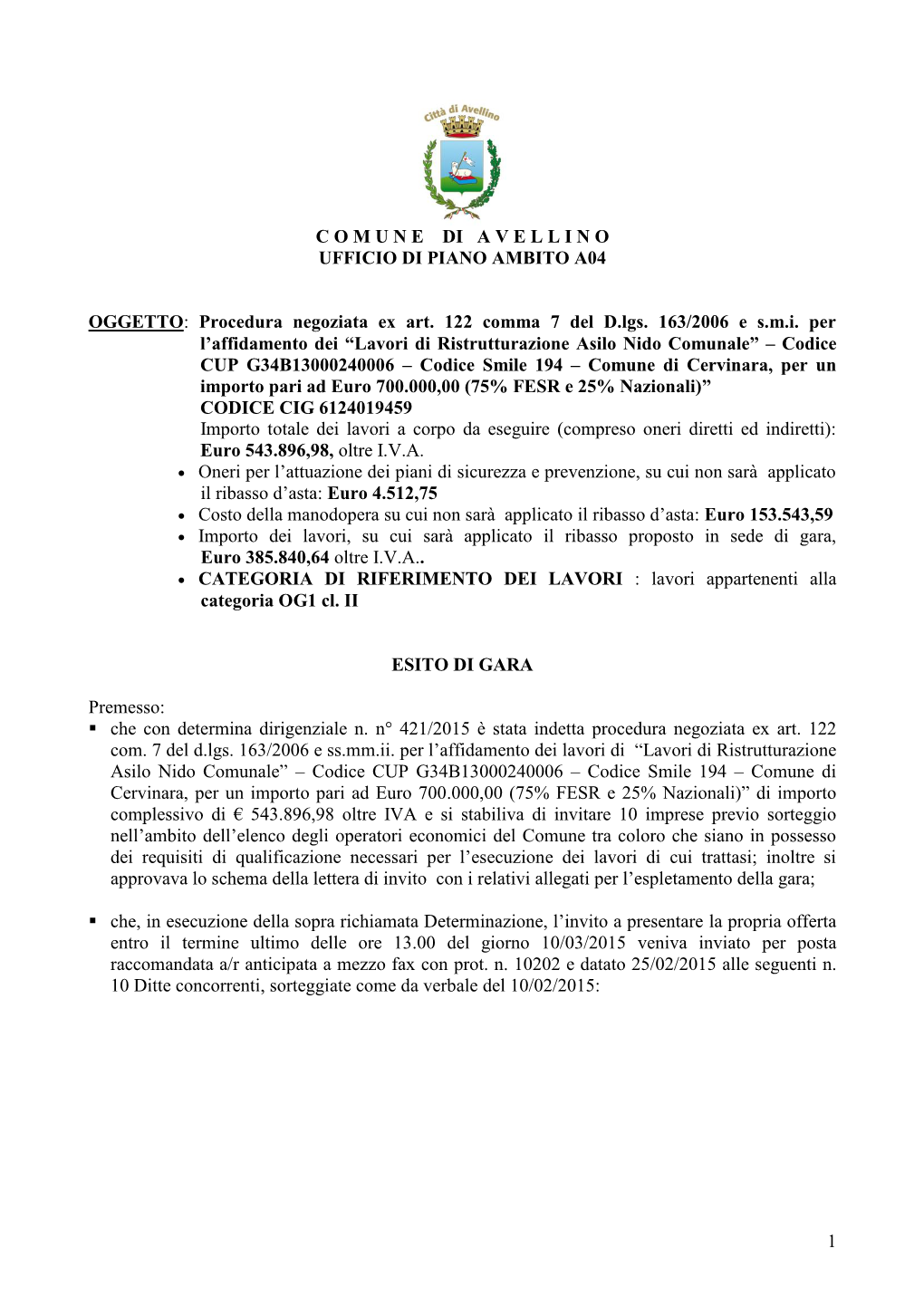 Comune Di Avellino E Delibera Di Presa D’Atto Del Comune Di Cervinara N° 69/2015;