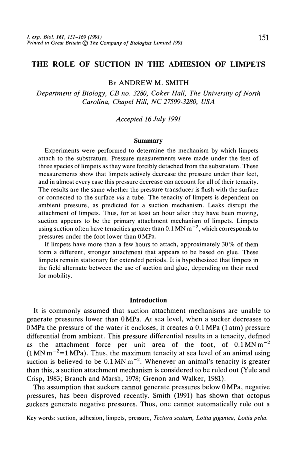 The Role of Suction in the Adhesion of Limpets