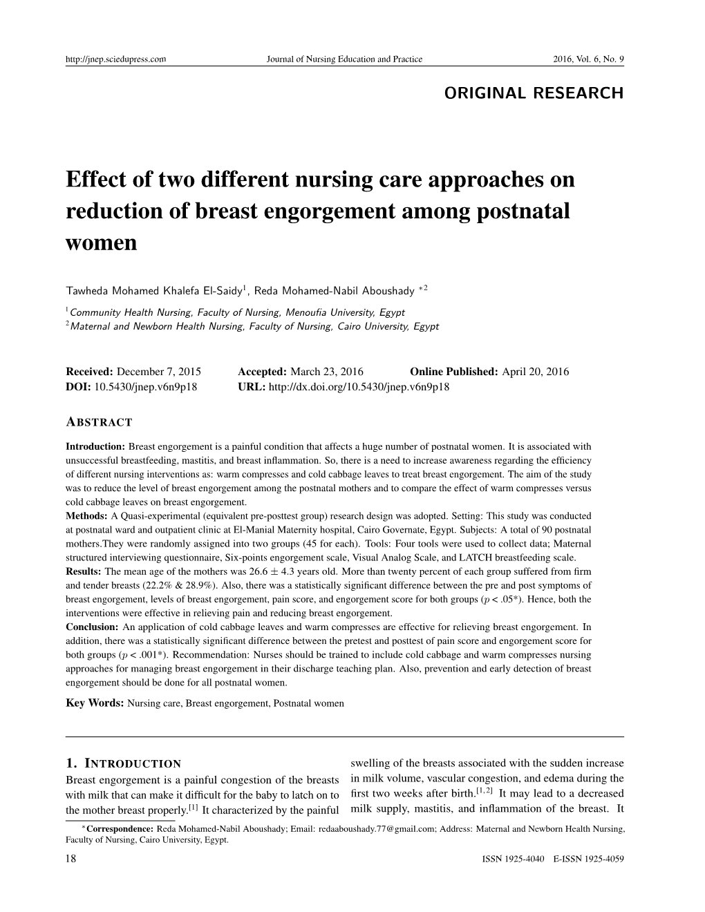 Effect of Two Different Nursing Care Approaches on Reduction of Breast Engorgement Among Postnatal Women