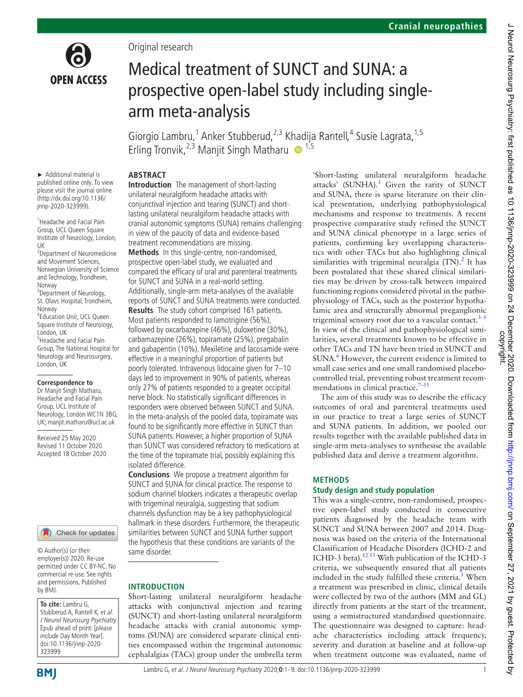 Medical Treatment of SUNCT and SUNA