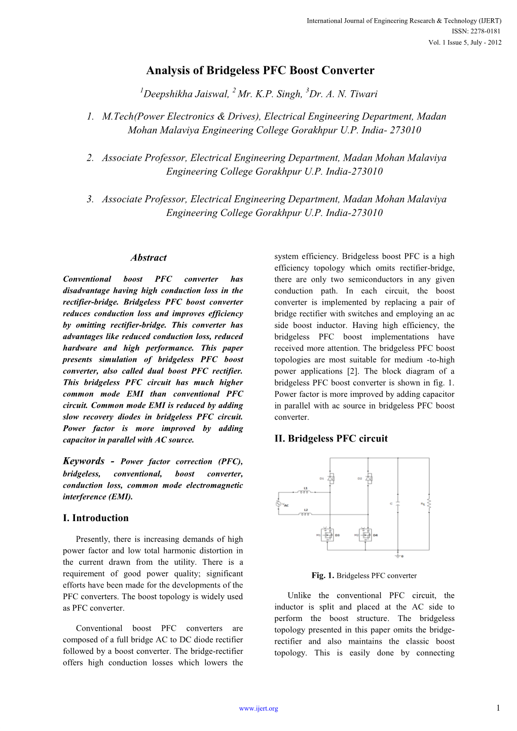 Analysis of Bridgeless PFC Boost Converter