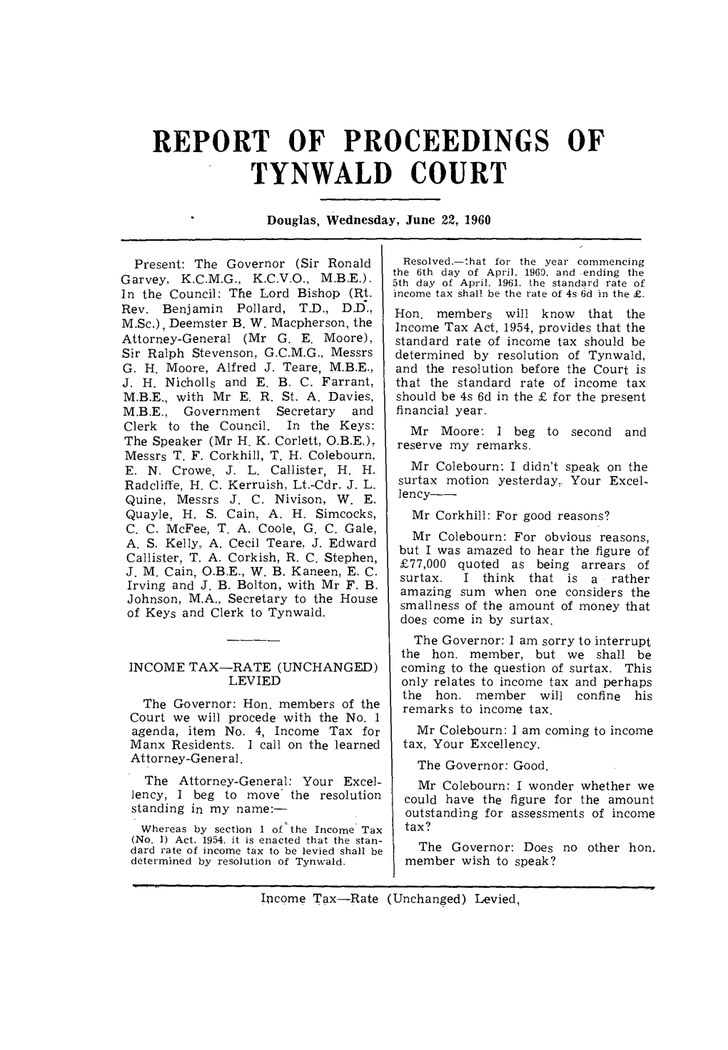 Report of Proceedings of Tynwald Court